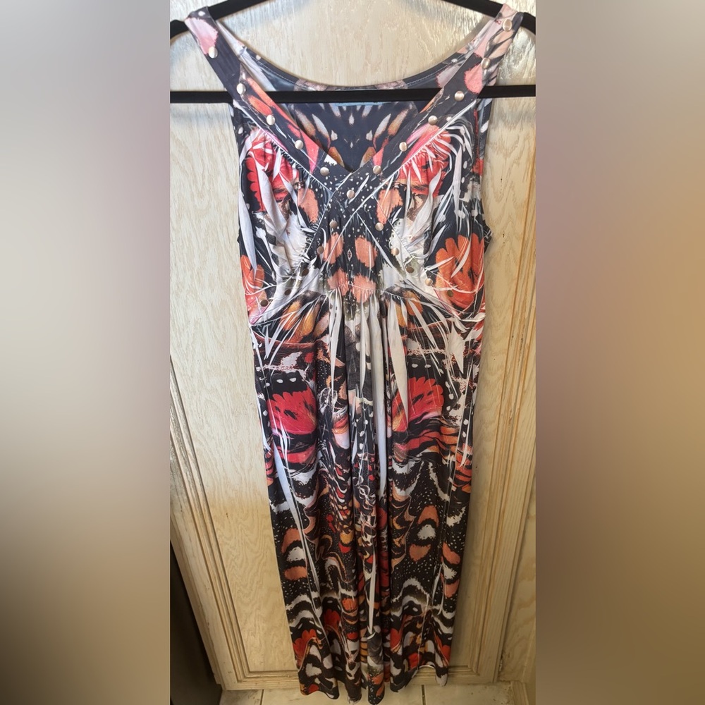 Unity World Wear Maxi‎ Dress Sz S Sleeveless Studded Butterfly Monarchs Flowy